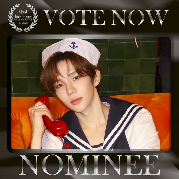 A promotional graphic features SHOTARO from RIIZE wearing a white sailor hat with an anchor emblem and matching sailor-style top, holding a red telephone receiver against an orange and green-tiled background. The image is framed with a "Most Handsome Faces Of K-POP in 2026" laurel wreath badge in the top left corner and "VOTE NOW" and "NOMINEE" text displayed in bold silver lettering, supporting the call to vote for him in the 2026 K-POP Handsome Faces nomination.