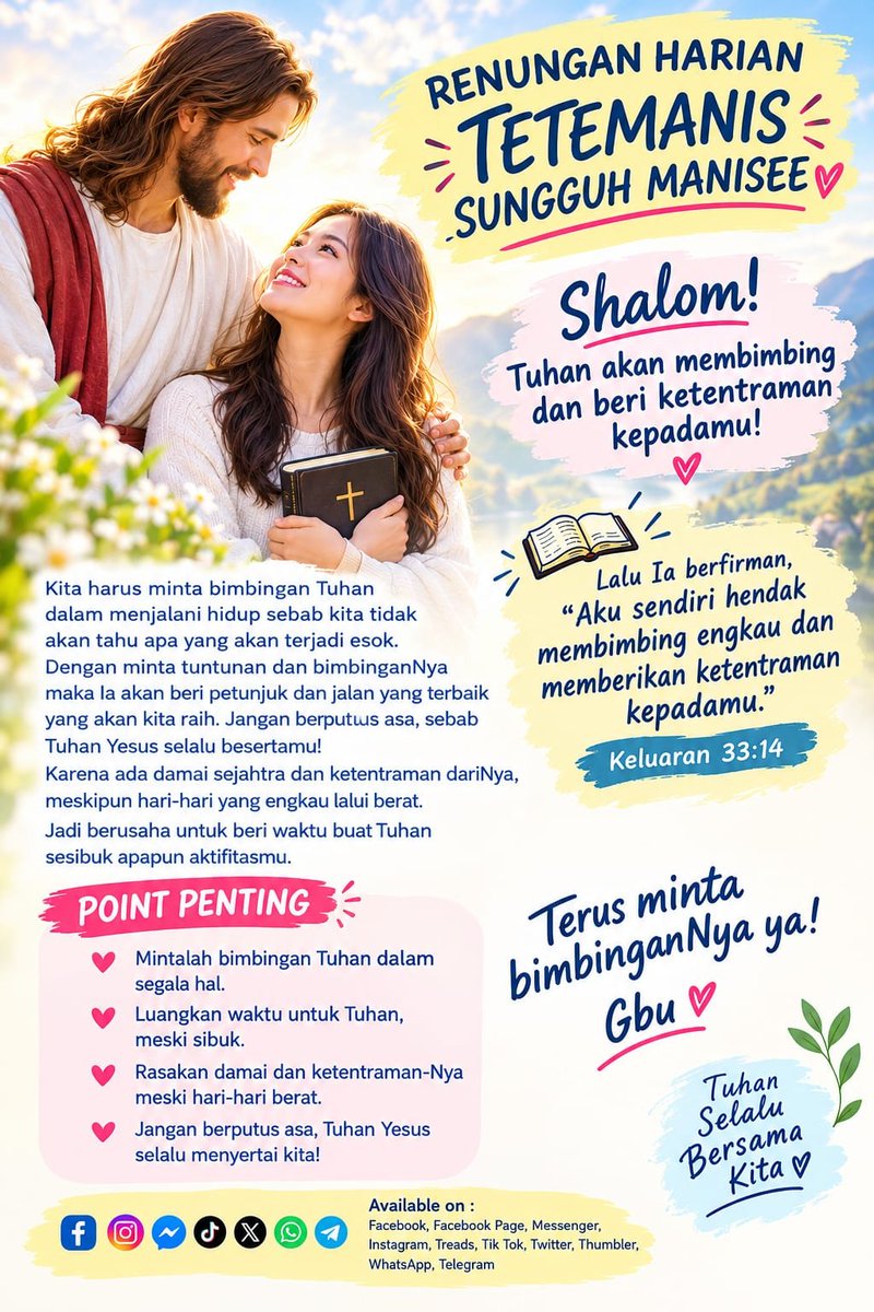 lemuel_marthen's tweet photo. RENUNGAN HARIAN TETEMANIS SUNGGUH MANISEE

Shalom! Tuhan akan membimbing dan beri ketentraman kepadamu!
.
#Keluaran33:1-23
#Keluaran33:14
#LordJesusYourSavior
#TuhanYesusJuruSelamatHidupmu
#HappyFridayMorning

               https://t.co/IMoNNzDX09 https://t.co/A7W2Htr4cw