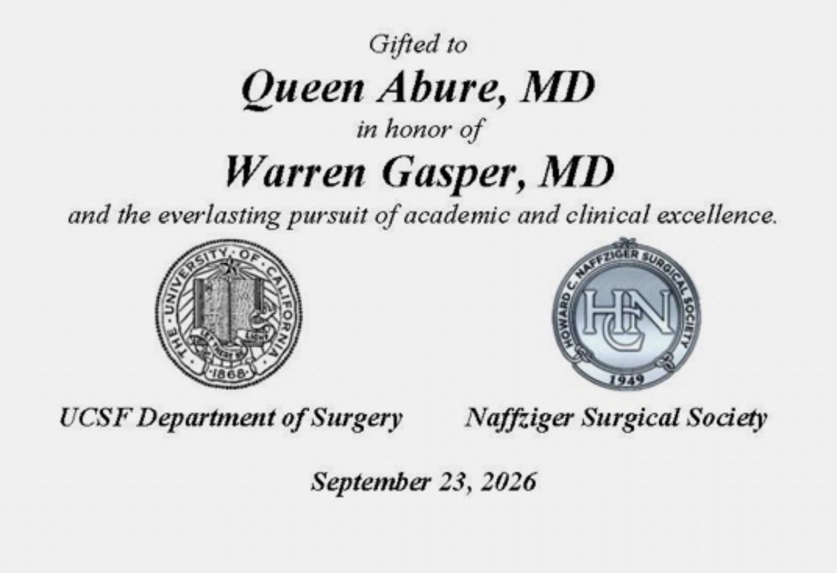 UCSFvascular's tweet photo. A special milestone for our PGY-2 resident, Queen Abure, MD, who received her surgical loupes &amp; plaque at the Naffziger Symposium &amp; Loupes Ceremony! 🎉 Dr. Gasper, Queen’s honoree, presented her loupes and plaque, marking a major step in her surgical training. Congrats, Queen! 👏 https://t.co/oUrccI47jO