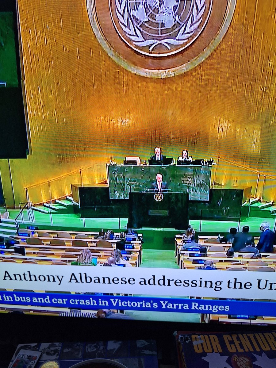 Ryandally08's tweet photo. BREAKING: Anthony Albanese’s big “flagship” UN address in New York has pulled a whopping crowd - of just 14 people.

For a bloke with an ego the size of his, that’s not a speech, that’s a public humiliation.

He’d be absolutely furious and you already know the next line, it won’t be his fault. 

It’ll be his team, the time slot, Trump, the cameras, anyone except the man nobody bothered to stay and listen to.

Anthony Albanese himself.