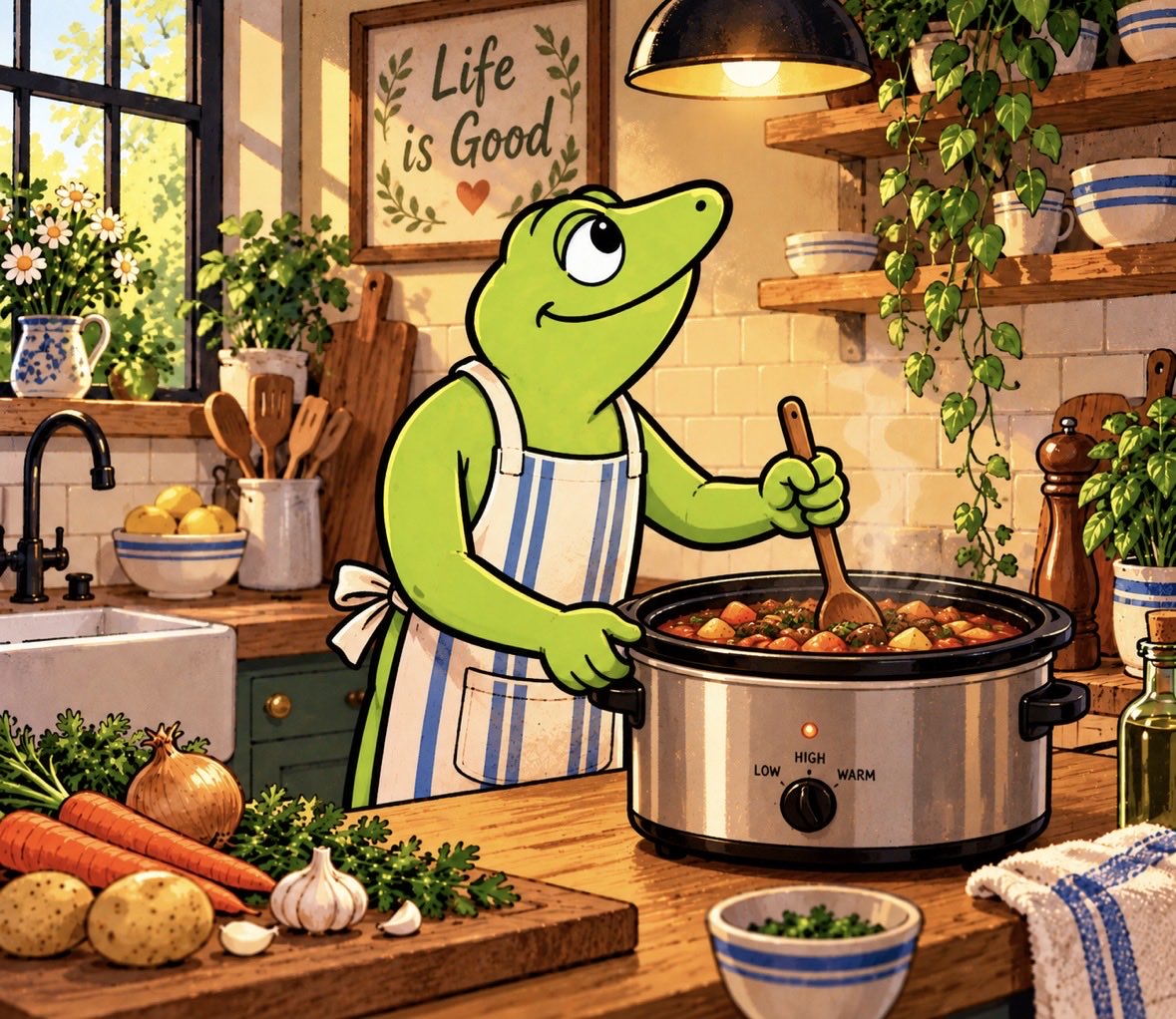 OggieOfficial's tweet photo. Oggie’s in the kitchen cooking up something good. No rushing the recipe because the best cooks know, the slow cooks always hit different. 
Life is Good. 🐸🥘 https://t.co/D0kGuiRNGh
