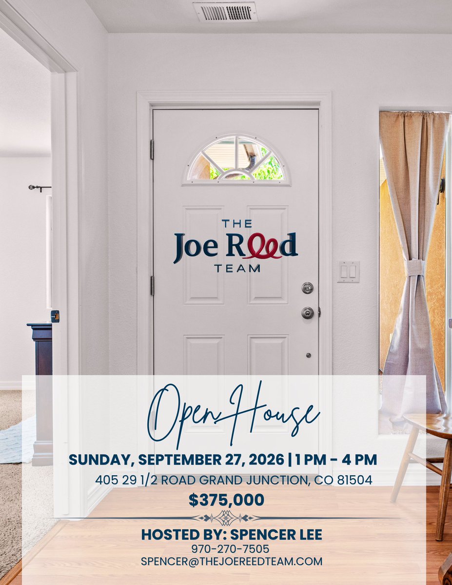 thejoereedteam's tweet photo. 🏡 OPEN HOUSE! Join us Sunday, September 27 from 1–4 PM! This refreshed 3-bed, 2-bath home features paid-off solar, low-maintenance landscaping, a covered patio &amp; 2-car garage.

📍 405 29 1/2 Road Grand Junction, CO 81504
💲 Now $375,000 — was $380,850
🔗 https://t.co/4jYHHJIPAE https://t.co/rlhNfhPRtY