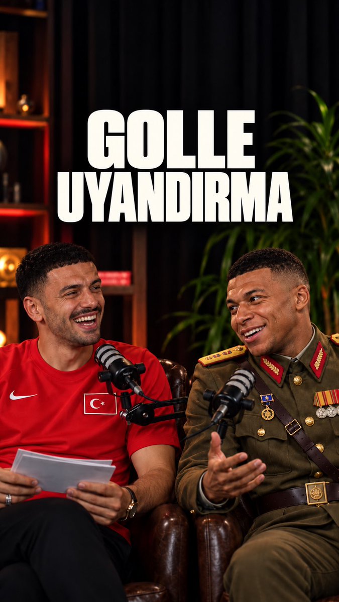 Two athletes laugh together during a podcast recording, one wearing a red Turkish national team jersey and the other in an ornate military-style uniform decorated with medals. Large white text above them reads "GOLLE UYANDIRMA," complementing the post's "Nefres" (breath) caption with a humorous contrast between the lively atmosphere and the word meaning a moment of stillness.