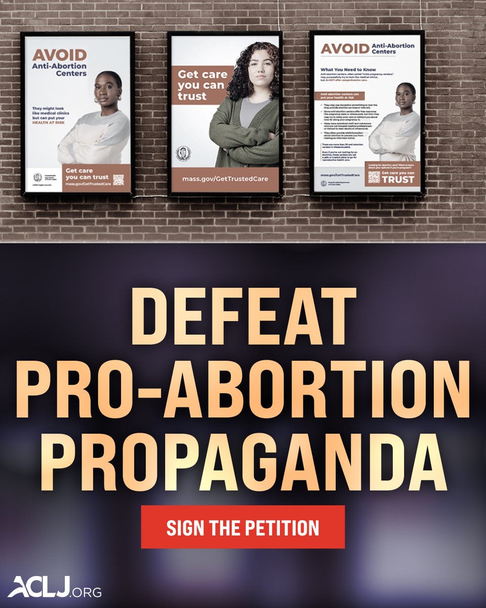 ACLJ's tweet photo. Massachusetts is smearing pro-life pregnancy centers as “dangerous” and “threats to public health.” We filed a lawsuit to protect these vital centers that offer alternatives to abortion.

YESTERDAY we filed a critical brief in this fight. Stand with us against taxpayer-funded abortion propaganda. Sign our petition: https://t.co/mFUw9Bd8Ey