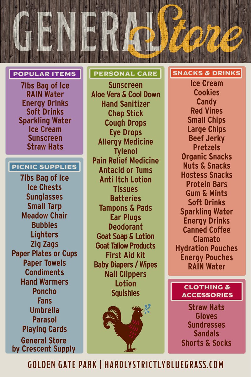 HSBFest's tweet photo. For those unexpected needs, we've got you covered: here's an overview of the many essential items available for purchase at our General Store, located in Arrow Meadow.
#HSB26
#hardlystrictlybluegrass https://t.co/0oXnRKGOYz