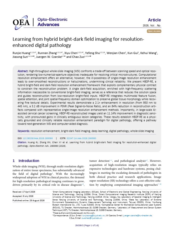 OptoElectronAdv's tweet photo. #OEA_highlight Learning from hybrid bright-dark field imaging for resolution-enhanced digital pathology https://t.co/GRQriPU4Jo... by Prof. @Surpass_Zuo  #resolution #enhancement #bright_dark_field #imaging #deep_learning #digital #pathology https://t.co/bzlFeL5Wo3