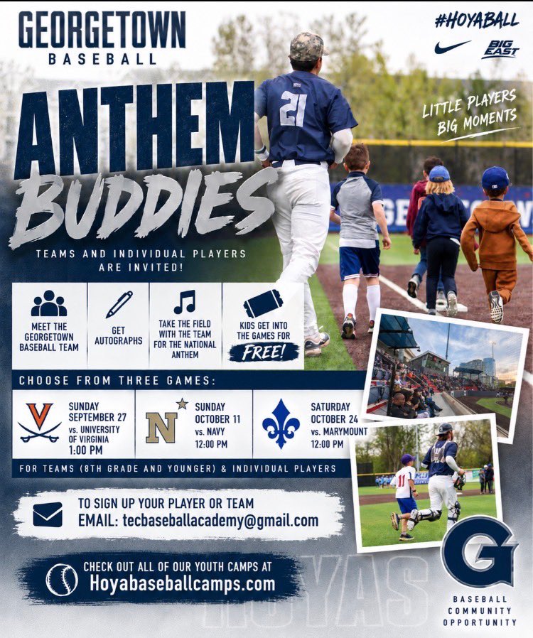 Coach_Gomez33's tweet photo. Come out this Sunday and support @GtownBaseball as we take on UVA at 1 PM! Sign up for #AnthemBuddies and get to meet our players and coaches. Get some autographs and make some memories at Capital One Park! 

#HoyaBall https://t.co/v7DyWMFkY3