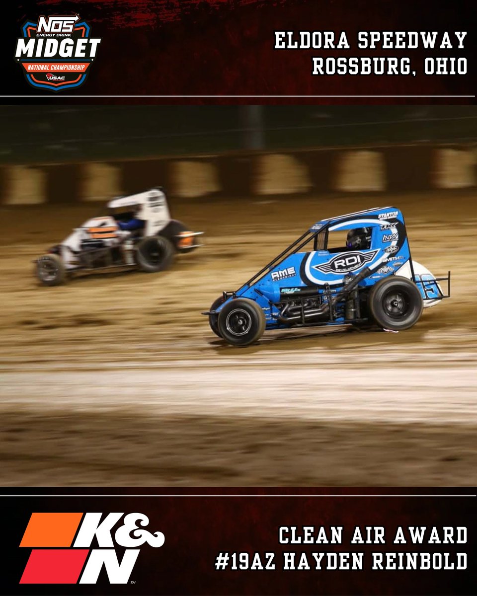 USACNation's tweet photo. 𝑨𝒍𝒍 𝒃𝒖𝒕 𝒇𝒐𝒖𝒓.

Hayden Reinbold nearly repeated his Thursday night @EldoraSpeedway USAC @NosEnergyDrink National Midget win from a year ago.

Tonight, he led 21 of 25 laps before finishing 3rd.

He picks up the @knfilters Clean Air Award for his efforts.

📸 @rkfphoto98 https://t.co/IaYkmIFYxN