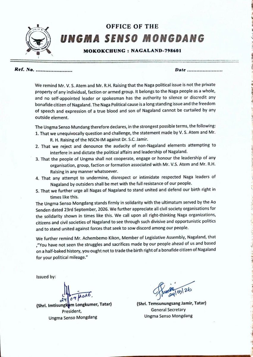 JShakurB's tweet photo. 🚨#BreakingNews⚡️ 
Denoucing the "Audacity of Non-Nagaland elements or Outsiders (Manipur Nagas) in attempting to interfere in & dictate the political affairs of Nagaland, the Ungma Senso Mongdang reminded V.S. Atem & R.H. Raising of NSCN-IM that the Naga political struggle was forged with the blood, sacrifice & tears of the Nagas of Nagaland & they are not Nagas of Nagaland.
Therefore, The Naga cause & Freedom of speech of a bona-fide Naga cannot be curtailed by any Outside elements.

The Ungma Senso Mongdang also cautioned NPF MLA Achembemo Kikon not to trade the birthright of a bona-fide citizen of Nagaland for cheap political mileage based on half-baked history concocted by the Tangkhul-led NSCN-IM.

@JosephNaga1986 @LIANGMAIPOST @News9Tweets @newslaundry @MIB_India @ttindia @TheNewIndian_in @the_hindu @IndianExpress @PTI_News @IndiaToday @MirrorNow
@timesofindia @ndtv @WIONews @firstpost  @DeccanHerald @themojostory @EastMojo @AJEnglish @News18India @NELiveTV @ANI @scroll_in 
@rahulkanwal  @WasbirH @AdityaRajKaul  @gpsinghips  @aajtak @DDNewslive @ndtvindia @Republic_Bharat @LiveLawIndia @reporters_co @paul_chawang

#GyaneshKumar #Naga #Nagaland #Manipur