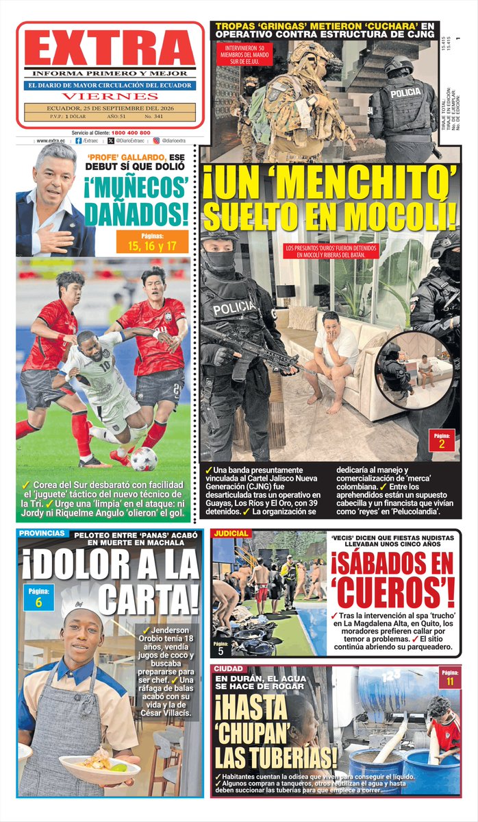 DiarioExtraEc's tweet photo. ☀️ ¡Buen día! Les compartimos la #PortadaEXTRA de este viernes, 25 de septiembre de 2026. Vuela por tu ejemplar antes de que se acabe, y mira en https://t.co/B6atVw1owg las noticias 'más pepas' del día. https://t.co/KILTjYMcIY