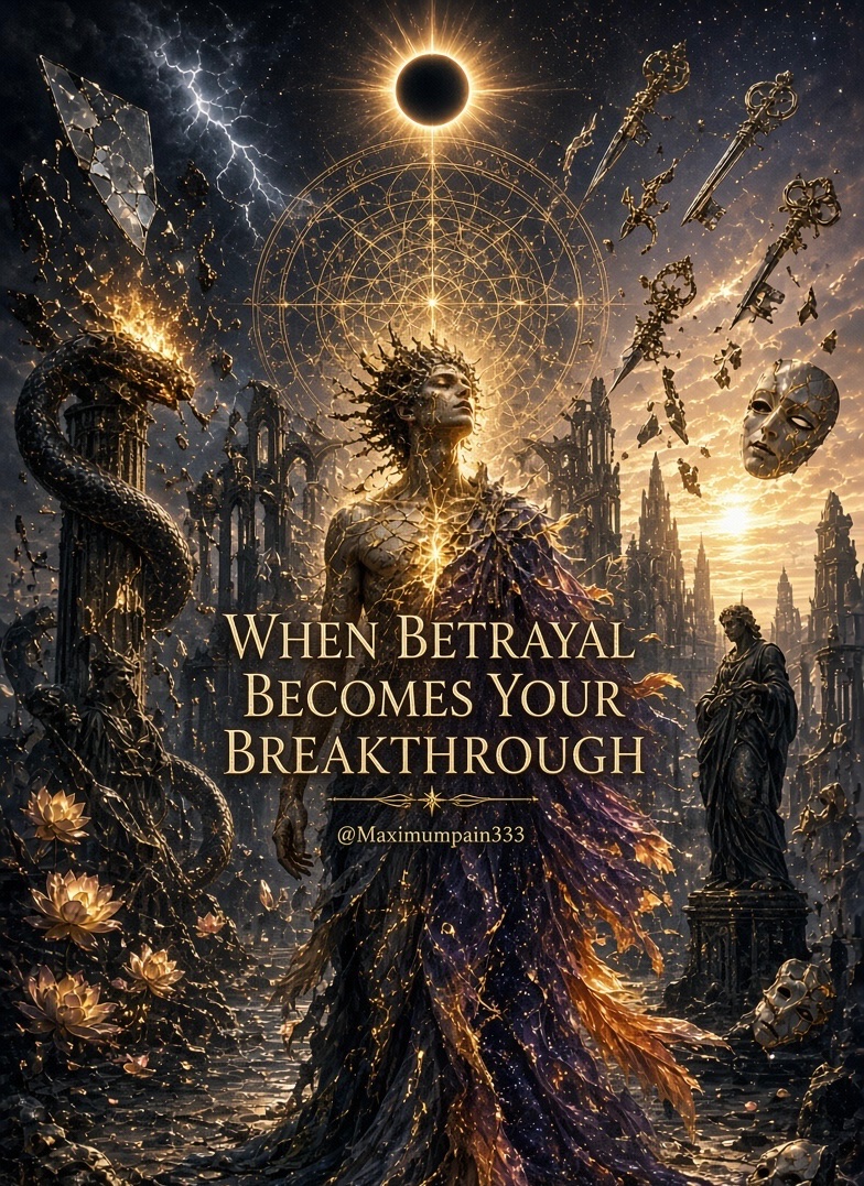 maximumpain333's tweet photo. WHEN BETRAYAL BECOMES YOUR BREAKTHROUGH

There are wounds that do not merely cut the flesh of trust. They split the soul open.
Betrayal is one of them.
It arrives like a knife wrapped in familiar hands. The ones who swore they would never leave. The ones who spoke the language of your heart. The ones who stood closest when you were most unguarded. And then—silence. Distortion. Abandonment. The sacred contract broken.

In that moment the world tilts. The ground you thought was holy becomes ash. You question every vow, every vision, every tender offering you made of yourself. The ego screams for justice. The heart collapses into the old familiar abyss.

But listen.
The mystics have always known: the deepest initiations rarely come through light. They come through the dark night of the soul. Through the sacred wound that refuses to close until something older and vaster than the personality is born.

Betrayal is not only a human failing. It is a cosmic midwife.
It strips away the last illusions of safety you still clung to. It forces the soul to stop looking outward for rescue and turn inward—toward the unshakable presence that was never betrayed because it was never dependent. The part of you that existed before the promise was spoken and will remain after every name has fallen away.

What felt like destruction was excavation. What felt like abandonment was the universe removing every false altar so that only the living temple remains.
The one who betrayed you was, in the hidden architecture of the soul, an unwitting servant of your becoming. They tore the veil. They ended the old story. They made it impossible for you to keep living the smaller version of yourself.
Now the fire has done its work.

What rises from the ashes is not the same being who entered the flame. It is the one who remembers: I was never only the betrayed. I am also the one who cannot be destroyed. I am the silence after the storm. I am the gold the furnace was secretly refining.

Let the grief move through you completely. Do not spiritualize it too quickly. Feel the rawness. Honor the sacred rage. Then, when the wave has passed, stand in the stillness that remains.

That stillness is your breakthrough.
The betrayal did not happen to you. It happened for the soul that was ready to wake.

You are no longer the one who was left. You are the one who was set free.