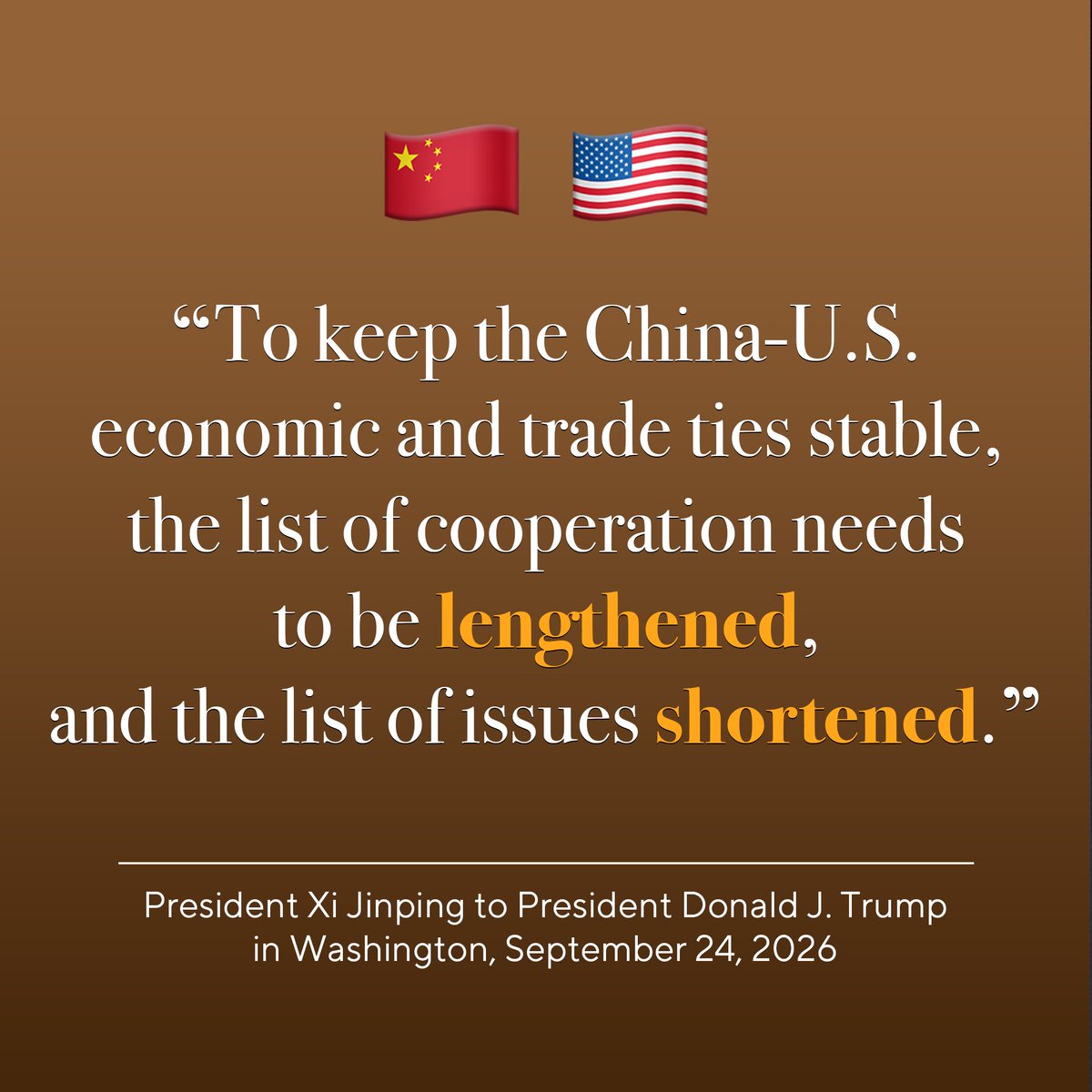 ChineseEmbinUS's tweet photo. On economic and trade matters, President Xi said that cooperation is a two-way street. So long as both sides act in the spirit of equality, mutual respect, and mutual benefit, a pathway to resolving differences can always be found. 

It is hoped that the two sides will move in the same direction, namely adhering to mutual benefit and win-win results and promoting the stable development and improvement of China-U.S. economic and trade ties.