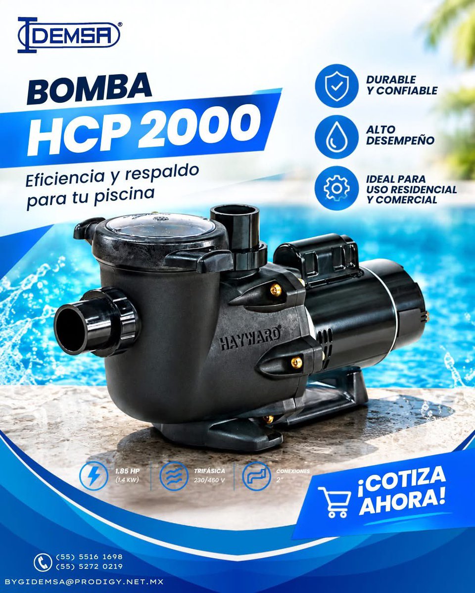 Idemsa's tweet photo. 💦 Potencia y confiabilidad para tu piscina. 💦

La Bomba Hayward HCP 2000 de 1.85 HP está diseñada para ofrecer un desempeño eficiente y confiable en sistemas de circulación de agua.

📩 ¡Cotiza ahora y equipa tu sistema con Hayward! https://t.co/MsPv6iOcx8