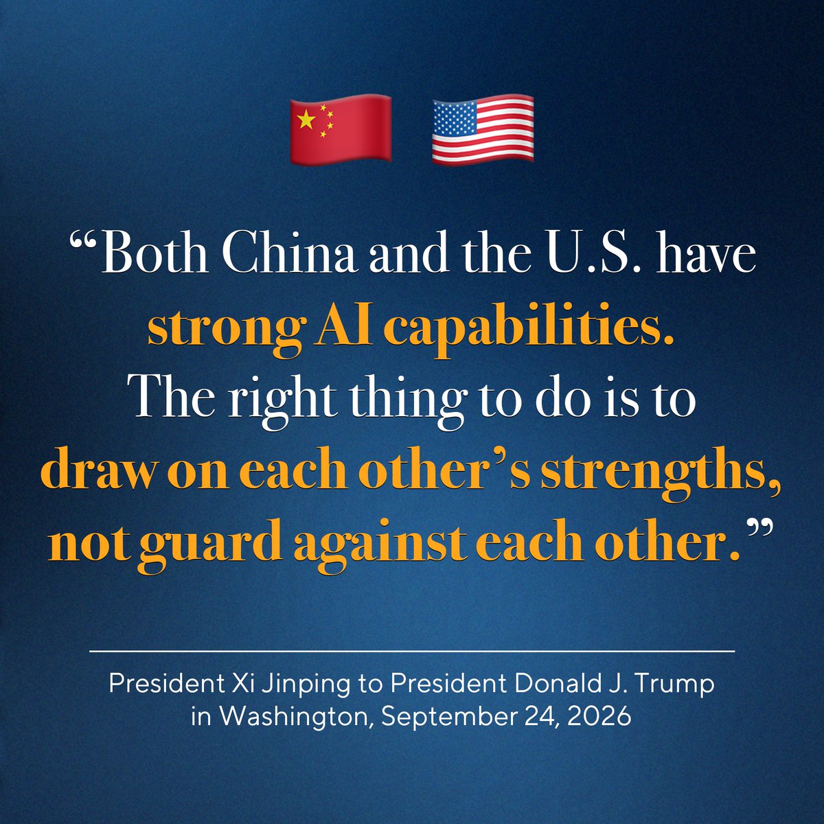 ChineseEmbinUS's tweet photo. President Xi said, the two sides can continue their dialogue on AI, exchange views on its risks and benefits,and jointly prevent the misuse and abuse of AI. 

AI must be kept under human control. A people-centered approach should be upheld, and AI should be developed for the positive and for good, so that AI will serve the progress of humanity.