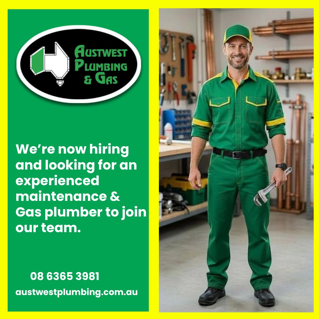 AusPlumbingGas's tweet photo. Austwest Plumbing &amp; Gas is currently seeking an experienced maintenance and gas plumber to join our team.

📩 Apply now: austwest.plumbing@iinet.net.au

#PlumbingServicesBrentwood #AustwestPlumbing&amp;Gas #PlumbingServices #PerthPlumber #EmergencyPlumberFerndale https://t.co/tIe7uQENKU