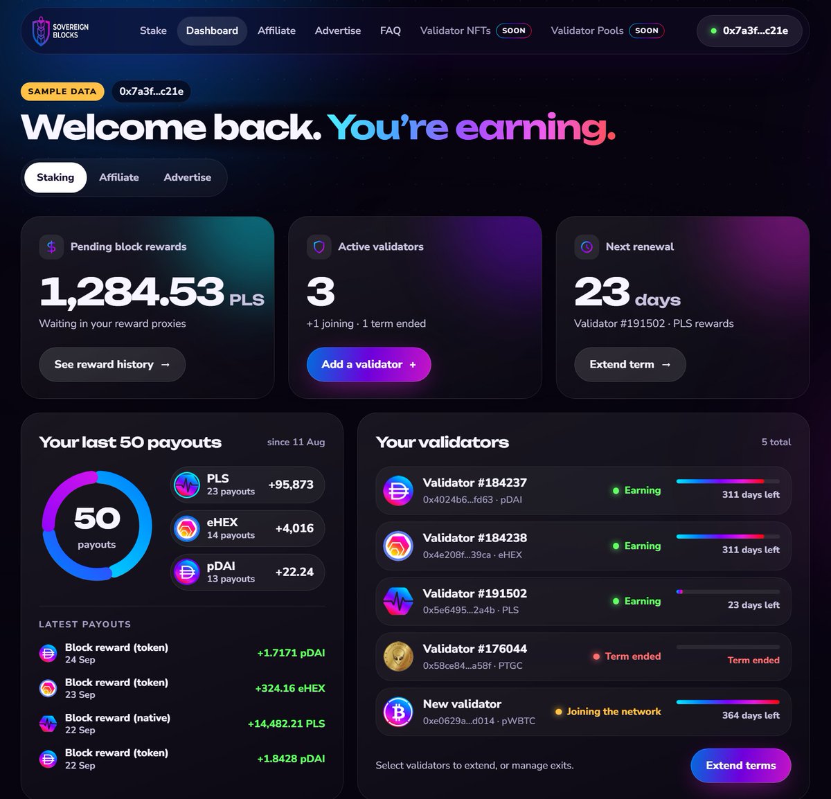 SovereignBlocks's tweet photo. First look at the brand new SovereignBlocks V2 dashboard. ⚡️

We’ve completely rebuilt the web experience from the ground up to deliver crystal clear telemetry and 100% non custodial node management:

📊 Multi-Token Reward Telemetry: Live tracking for native PLS block rewards alongside token payouts (eHEX, pDAI, and more). 

⏳ Lifecycle & Status Oversight: Real time visibility into active nodes, queue states, term countdowns, and 1 click extensions. 

🎨 Validator NFTs (SOON): Nearing completion!  non-custodial - withdrawal address is hardcoded directly to the NFT for sovereign, liquid ownership. If you hold the nft, you hold the underlying PLS! 

🌊 Validator Pools (SOON): Rolling out right behind NFTs, non-custodial collective staking. 

- Ladder up faster by not having to drop a full 32M pls on a validator. 

- Sell your pool positions once you have enough for a full classic validator or NFT! 

Bare-metal performance. Zero custodial risk. 🚀

Coming soon 🧱🧱