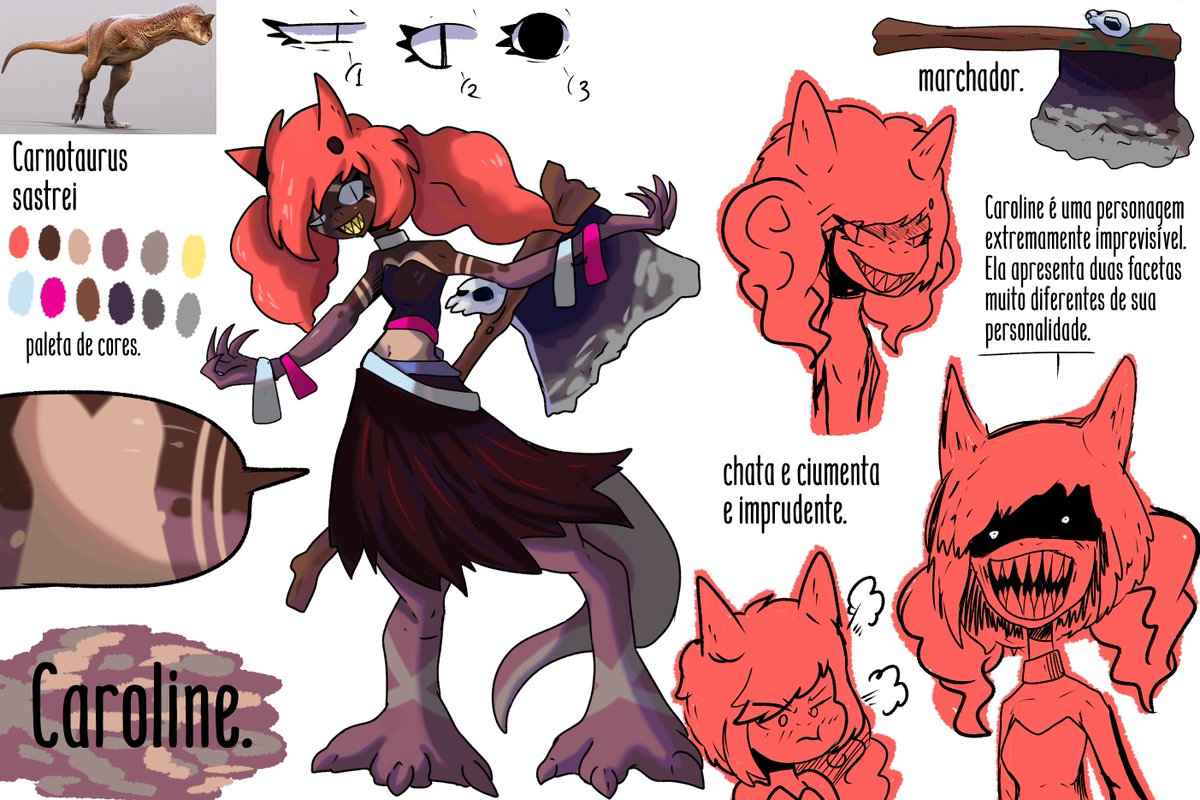 GabrielLim56726's tweet photo. Refiz o visual da Caroline minha carnotaura psicopata louca de dupla personalidade.

 #família_dino_reboot #ᴀɴᴛʜʀᴏᴀʀᴛ #dinooc #mönsterdesign #OCㅤㅤ  #carnortauro 

Nome: Caroline.
Idade: 16 anos 
Gênero: feminino/ ♀️/
Espécie: Carnotaurus sastrei https://t.co/LlMMsTgKBG