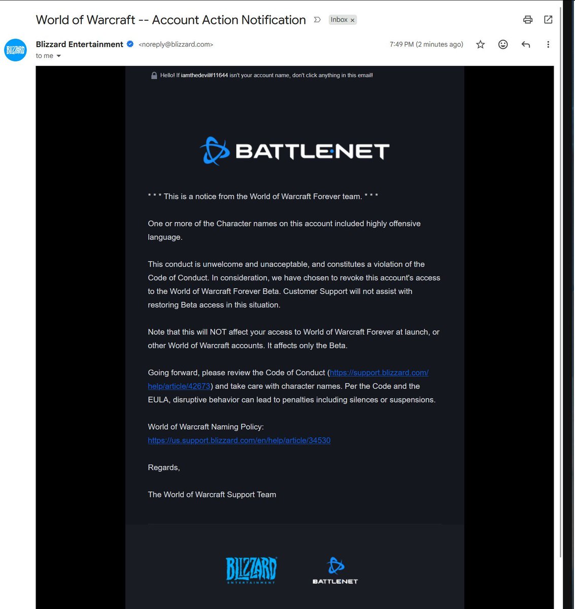 gamedevactual's tweet photo. Could you look into this suspension? I believe my name is wrongly flagged as "highly offensive". @BlizzardCS https://t.co/QEQTd4jieg