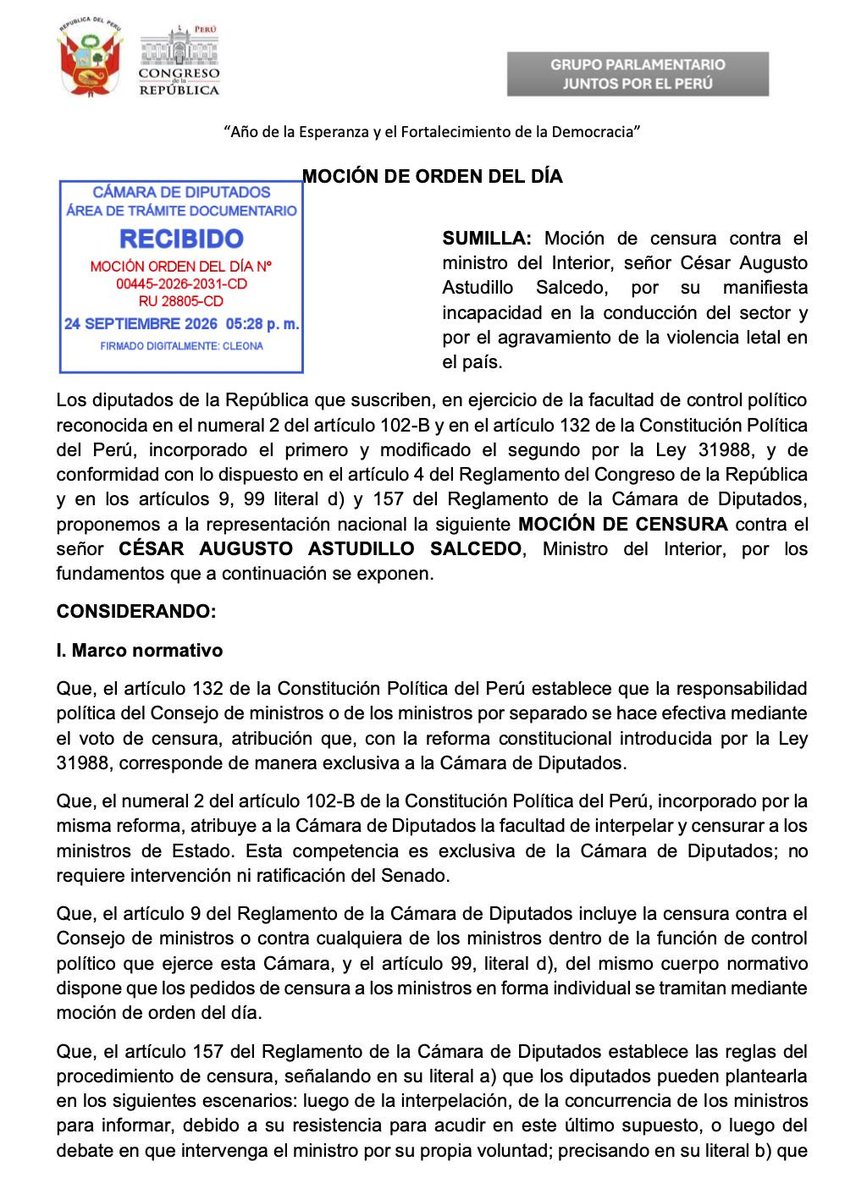 ernestozunini's tweet photo. PRESENTAMOS MOCIÓN DE CENSURA CONTRA EL MINISTRO DEL INTERIOR

Nos unimos a las exigencias ciudadanas frente a la crisis generalizada de inseguridad. Los Diputados de Juntos por el Perú, Buen Gobierno y Obras, hemos presentado una moción de censura contra el ministro César Astudillo para que sea debatida y votada por el Pleno de la Cámara de Diputados.

El gobierno ofreció acciones contundentes sin embargo ahora pretende normalizar el asesinato y la muerte, en medio de recortes presupuestales y sin impulsar una reforma policial ni la derogación de las leyes pro crimen que empoderan a las mafias.

No más contemplación, debemos afrontar con seriedad y firmeza al crimen.