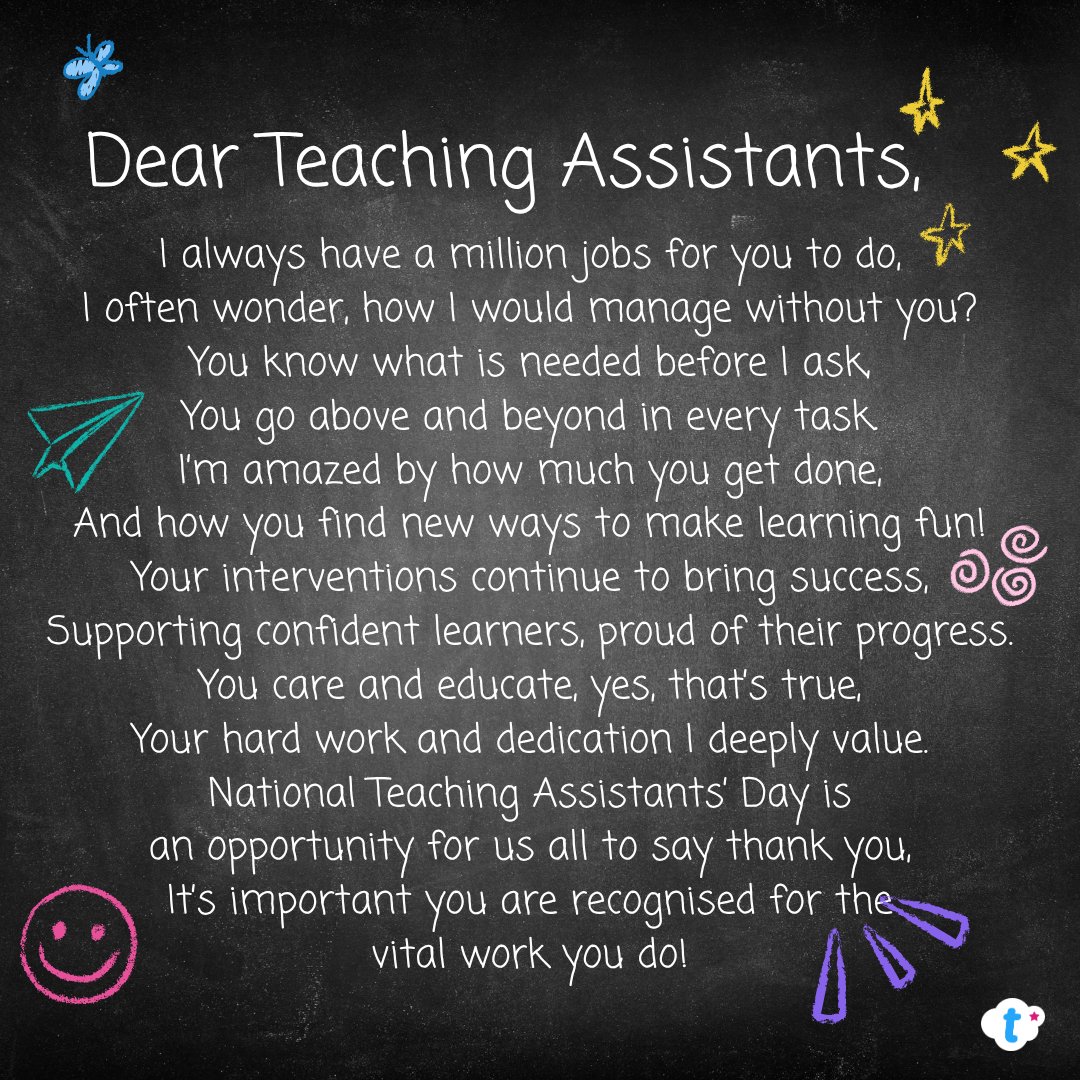 twinkl_edu's tweet photo. This Teaching Assistants Day, we want to recognise and celebrate the incredible work our TAs do every day. Their dedication to guiding, supporting, and inspiring our students creates the foundation for every successful classroom 🩵.

Who are you showing appreciation to today? https://t.co/W0n0sqpZ4j