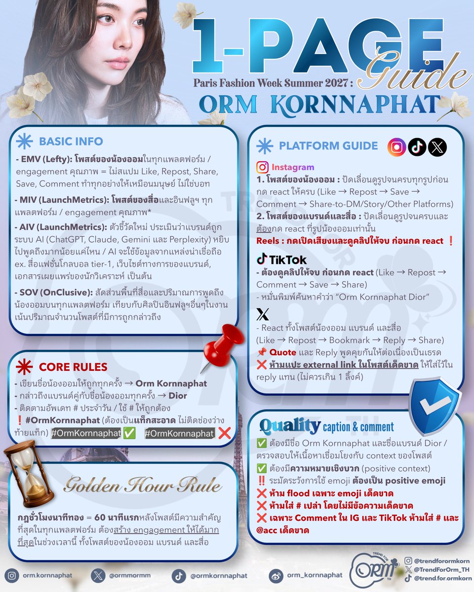 TrendForOrm_TH's tweet photo. 𝟭-𝗣𝗔𝗚𝗘 𝗚𝘂𝗶𝗱𝗲 📚📃 (𝗧𝗛/𝗘𝗡)

ทีมเราได้มัดรวมสรุปสิ่งสำคัญและแนวทางต่างๆไว้ในนี้หมดแล้วคับ กระชับ เข้าใจง่าย ไม่ซับซ้อนคับ 💯

𝗕𝗔𝗦𝗜𝗖 𝗜𝗡𝗙𝗢 (EMV,MIV,AIV,SOV)
𝗣𝗟𝗔𝗧𝗙𝗢𝗥𝗠 𝗚𝗨𝗜𝗗𝗘 (Ig,tt,X)
𝗖𝗢𝗥𝗘 𝗥𝗨𝗟𝗘𝗦  (ชื่อและแฮชแท็กของน้องออม)
𝗤𝘂𝗮𝗹𝗶𝘁𝘆 𝗰𝗮𝗽𝘁𝗶𝗼𝗻 & 𝗰𝗼𝗺𝗺𝗲𝗻𝘁 (positive context)
𝗚𝗼𝗹𝗱𝗲𝗻 𝗛𝗼𝘂𝗿 𝗥𝘂𝗹𝗲 (กฏชั่วโมงนาทีทอง)

#ออมกรณ์นภัส #OrmKornnaphat
@ormmormm