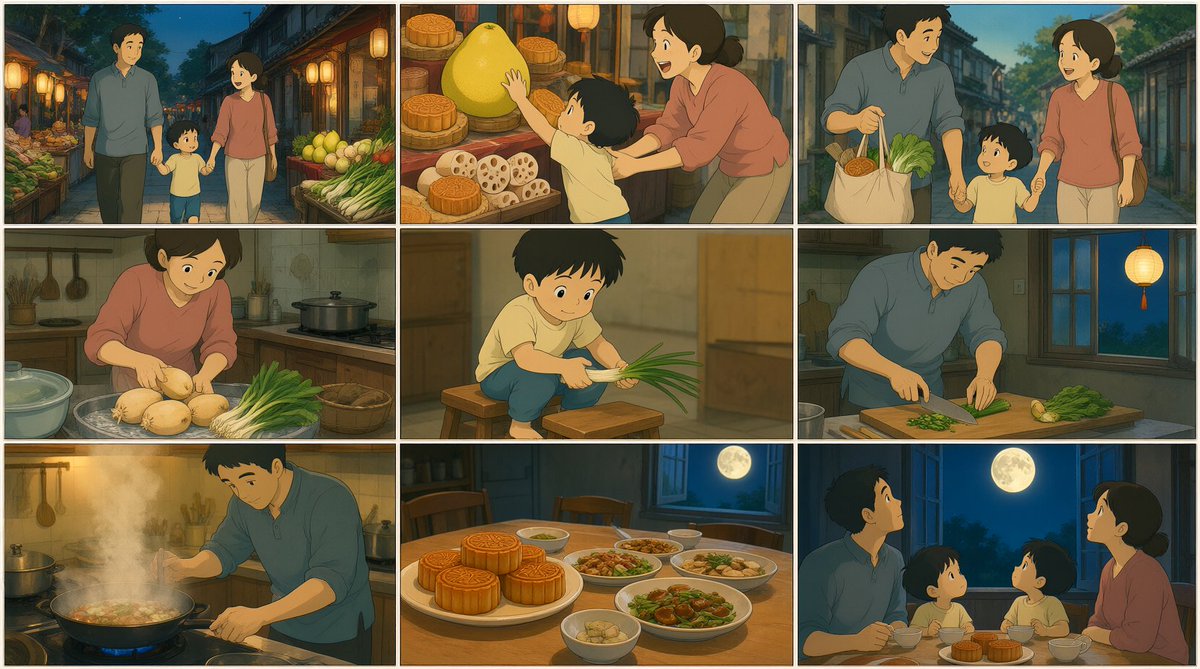 Nine-panel Mid-Autumn family storyboard generated with Qwen Image 2.1
