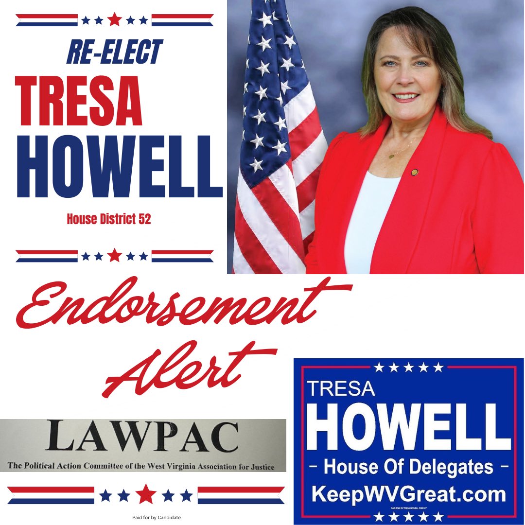 TresaHowell4WV's tweet photo. I’m honored and grateful to receive the endorsement of LAWPAC in my campaign for West Virginia House of Delegates, District 52 as we continue building momentum toward November 3rd!
#TresaHowell
#WVHD52
#UKV
#WVPolitics
#WVHouseOfDelegates
#LAWPAC https://t.co/bbHqtaMfej