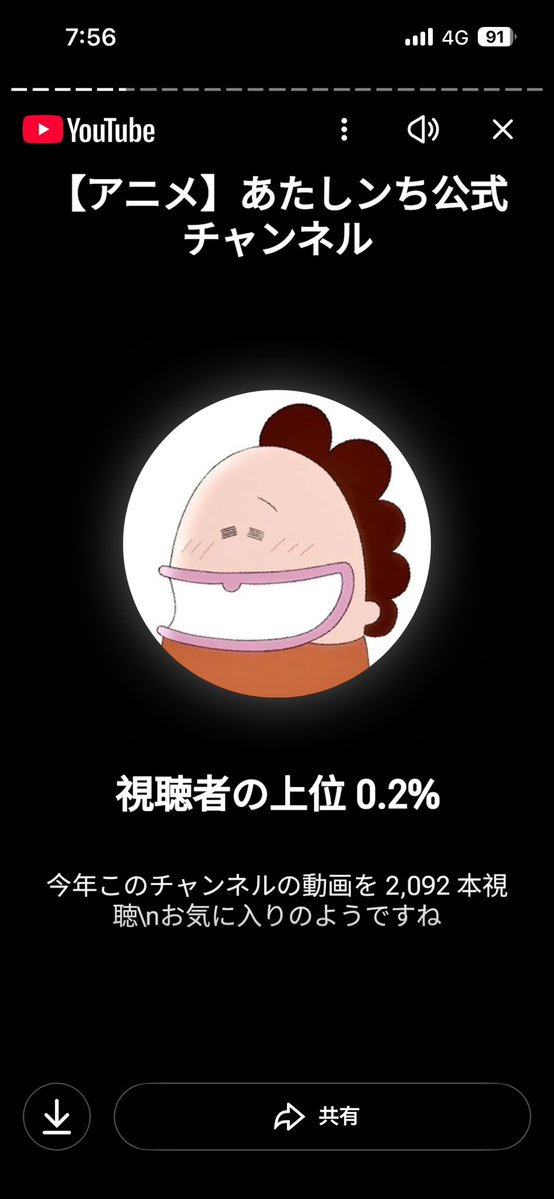 kazumihwks's tweet photo. 今日、電車で寝ているサラリーマンいたから、肩叩いて
「あの、自分あたしンち年間視聴上位0.2%です(笑)」
って言ったらむっちゃ驚いてた
最近チャンネル登録者数増えてきたけど、やっぱり一般人からしたら年間2092本観るのってすごい部類だよね？ https://t.co/CAmNcFIgM5