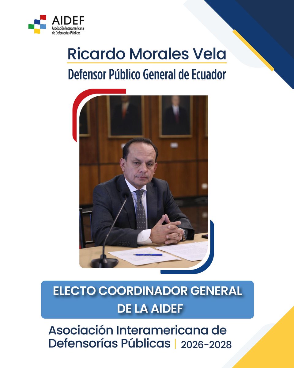 DefPublicaEC's tweet photo. Por primera vez en los 23 años de historia de la Asociación Interamericana de Defensorías Públicas, @AIDEFOficial, Ecuador asume la conducción del organismo regional. 

Ricardo Morales Vela liderará el organismo internacional con el desafío de fortalecer la defensa pública en América Latina, promoviendo una mayor protección y acceso a la justicia para las personas en condición de vulnerabilidad y estado de indefensión.  Leer más: https://t.co/kEOboaugeT