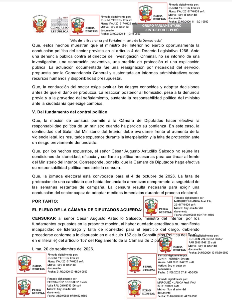 ernestozunini's tweet photo. PRESENTAMOS MOCIÓN DE CENSURA CONTRA EL MINISTRO DEL INTERIOR

Nos unimos a las exigencias ciudadanas frente a la crisis generalizada de inseguridad. Los Diputados de Juntos por el Perú, Buen Gobierno y Obras, hemos presentado una moción de censura contra el ministro César Astudillo para que sea debatida y votada por el Pleno de la Cámara de Diputados.

El gobierno ofreció acciones contundentes sin embargo ahora pretende normalizar el asesinato y la muerte, en medio de recortes presupuestales y sin impulsar una reforma policial ni la derogación de las leyes pro crimen que empoderan a las mafias.

No más contemplación, debemos afrontar con seriedad y firmeza al crimen.