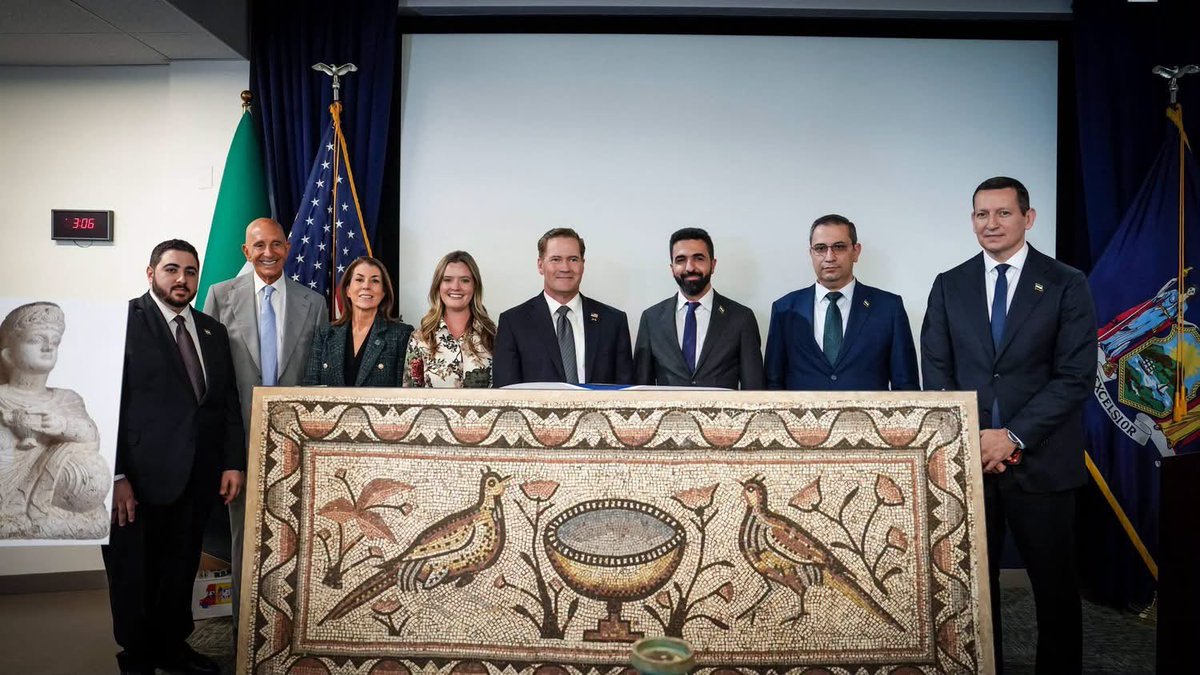 AL_SAALEH's tweet photo. 🔹The visit of His Excellency President Ahmad Al-Sharaa to the United States yielded significant political achievements and is now being crowned by cultural gains of lasting historical significance.

🔹On my own behalf and on behalf of the Ministry of Culture of the Syrian Arab Republic and the Directorate-General of Antiquities and Museums, I extend my sincere thanks to Manhattan District Attorney Alvin L. Bragg, Jr., and his team—particularly the Antiquities Trafficking Unit—for recovering 36 invaluable Syrian antiquities and facilitating their repatriation to Syria.

🔹I also extend my profound appreciation and lasting gratitude to the Ministry of Foreign Affairs and Expatriates and to our Permanent Mission to the United Nations for their exceptional and commendable efforts.

🔹Safeguarding cultural heritage and preserving the collective memory of peoples are shared responsibilities. 

🔹This achievement marks an important step forward in strengthening cultural cooperation between Syria and the United States.