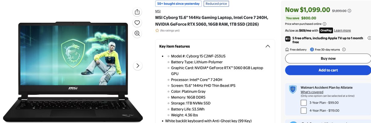 HoomanDeals's tweet photo. $800 OFF! MSI CYBORG 15.6" 144HZ GAMING LAPTOP #AD 

$1,099 was $1,899

https://t.co/aozkrs6AWo https://t.co/oDrpztwFjw