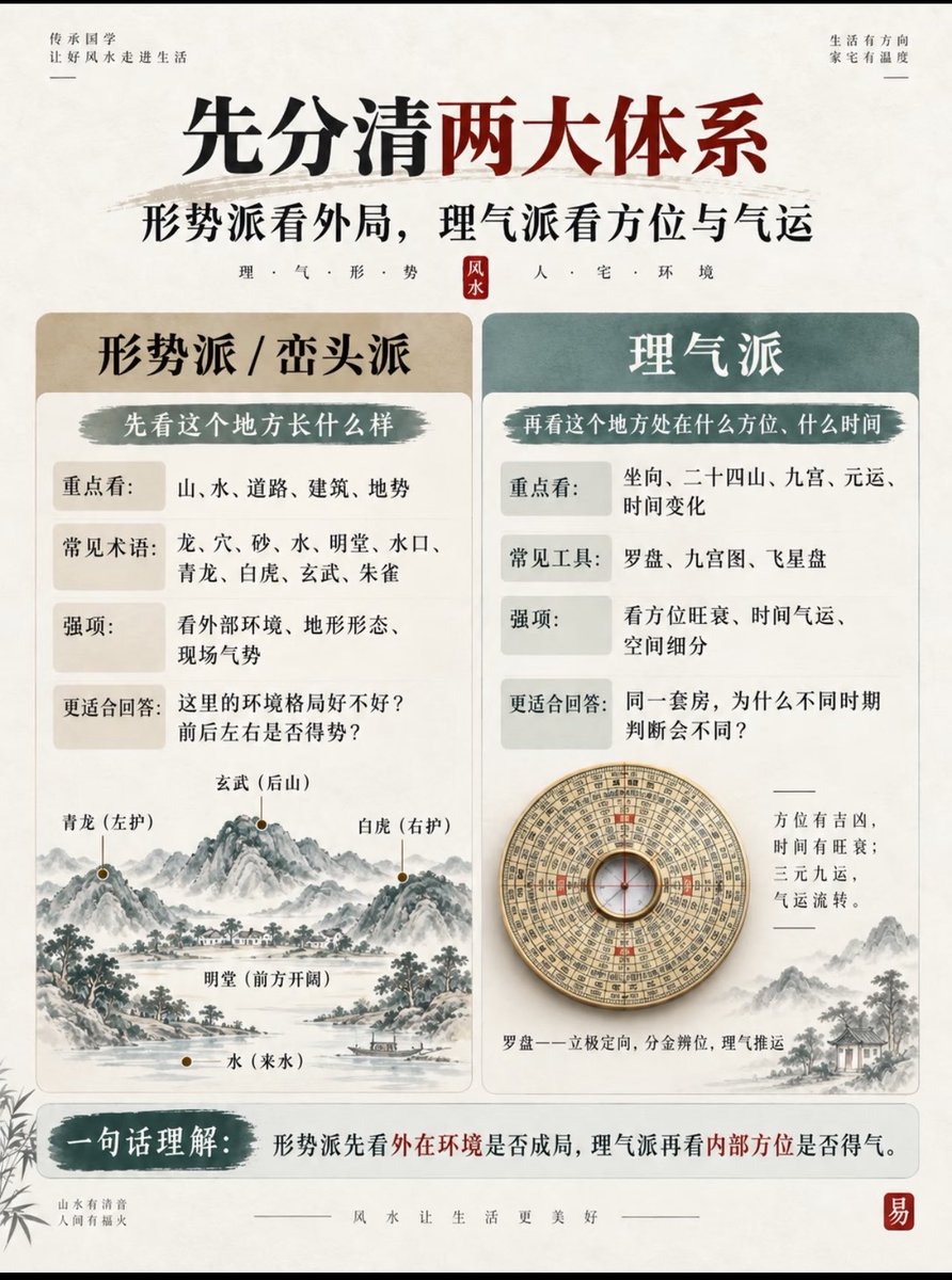 qiande666's tweet photo. 90%的人学风水，第一步就踩坑！

很多人一上来就问摆件招财，其实本末倒置

风水分两大体系：
形势派（峦头）：看外部山水环境，外局藏风聚气才是根本
理气派：罗盘定坐向，看方位与时运，旺衰随元运流转

五大流派速记：
▫️三合看水法｜三元看元运
▫️玄空飞星看九宫｜八宅看人与宅匹配
▫️金锁玉关断八方砂水

看宅四步：观外局→定坐向→辨旺衰→人宅合参
不同师傅结论不同，只因流派体系不一样。

口诀：形势看外局，罗盘定坐向，理气看旺衰，最后再谈调。
风水是人与环境的学问，不是摆件游戏。