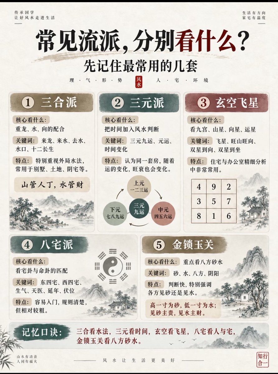 qiande666's tweet photo. 90%的人学风水，第一步就踩坑！

很多人一上来就问摆件招财，其实本末倒置

风水分两大体系：
形势派（峦头）：看外部山水环境，外局藏风聚气才是根本
理气派：罗盘定坐向，看方位与时运，旺衰随元运流转

五大流派速记：
▫️三合看水法｜三元看元运
▫️玄空飞星看九宫｜八宅看人与宅匹配
▫️金锁玉关断八方砂水

看宅四步：观外局→定坐向→辨旺衰→人宅合参
不同师傅结论不同，只因流派体系不一样。

口诀：形势看外局，罗盘定坐向，理气看旺衰，最后再谈调。
风水是人与环境的学问，不是摆件游戏。