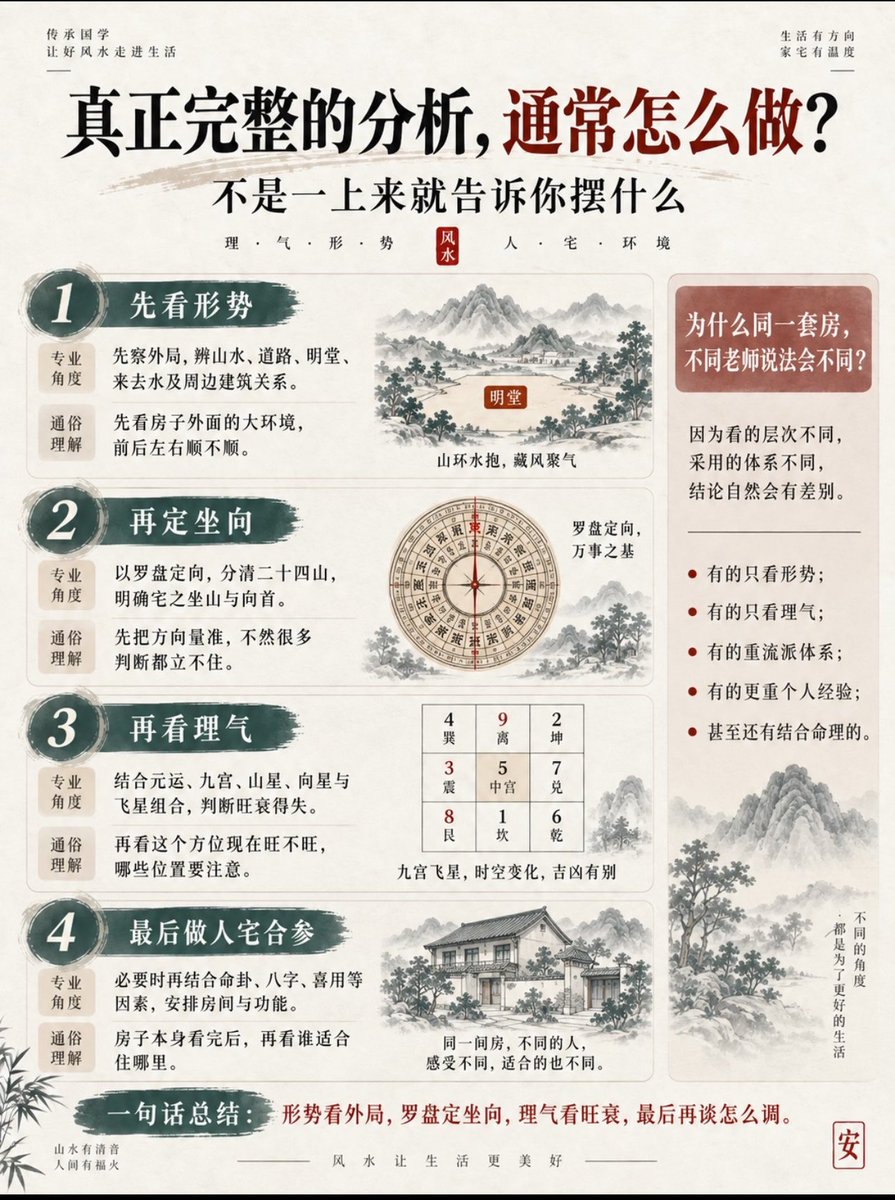 qiande666's tweet photo. 90%的人学风水，第一步就踩坑！

很多人一上来就问摆件招财，其实本末倒置

风水分两大体系：
形势派（峦头）：看外部山水环境，外局藏风聚气才是根本
理气派：罗盘定坐向，看方位与时运，旺衰随元运流转

五大流派速记：
▫️三合看水法｜三元看元运
▫️玄空飞星看九宫｜八宅看人与宅匹配
▫️金锁玉关断八方砂水

看宅四步：观外局→定坐向→辨旺衰→人宅合参
不同师傅结论不同，只因流派体系不一样。

口诀：形势看外局，罗盘定坐向，理气看旺衰，最后再谈调。
风水是人与环境的学问，不是摆件游戏。