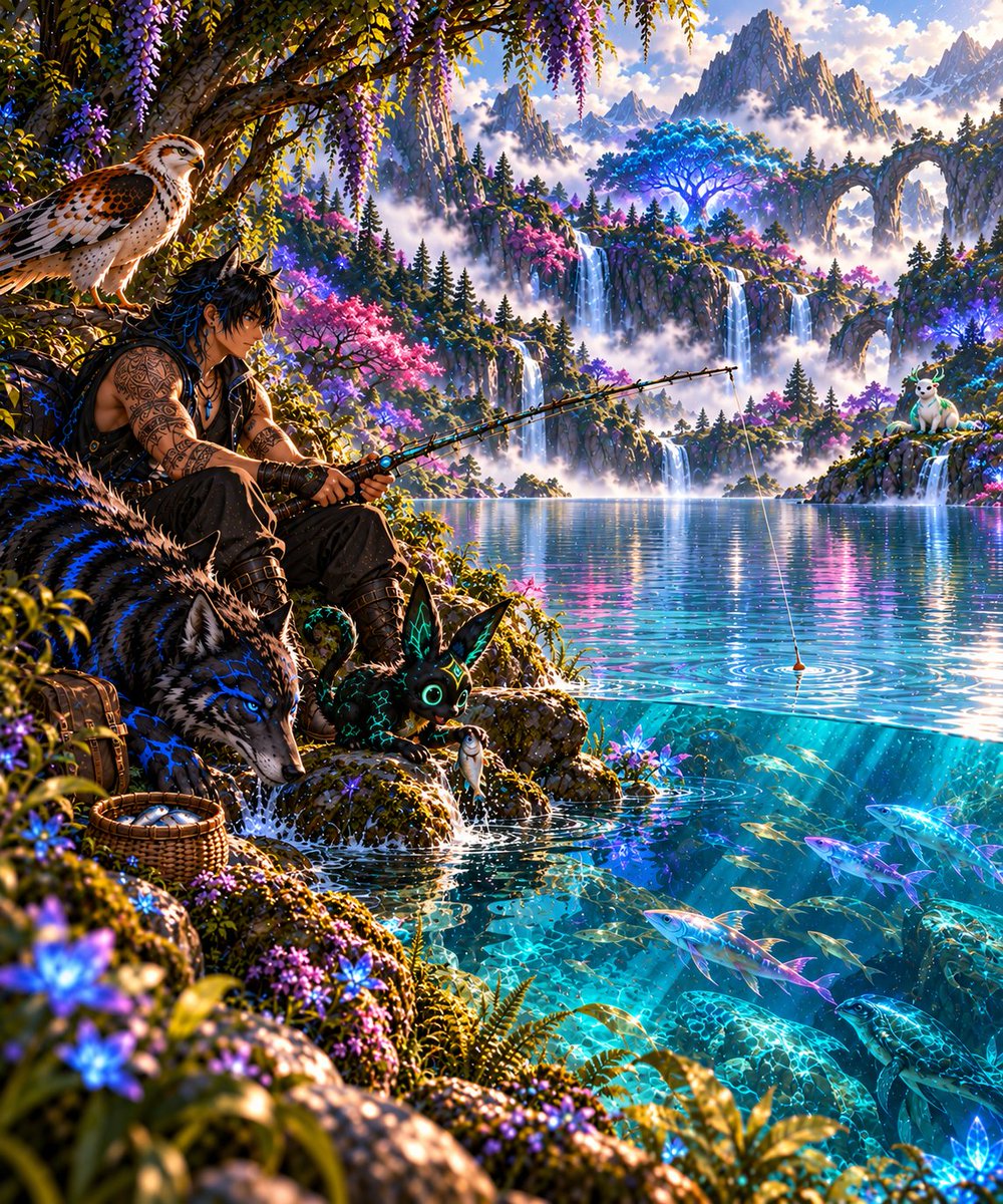 LaxLycaon's tweet photo. Lets hope the fish are biting .. 
#ai #aiart #aiartwork #aiartist #scenic #nature #fantasy #fiction #creative #roleplay #worldbuilding #characterdesign #EverWild https://t.co/Ndyk83SoCh