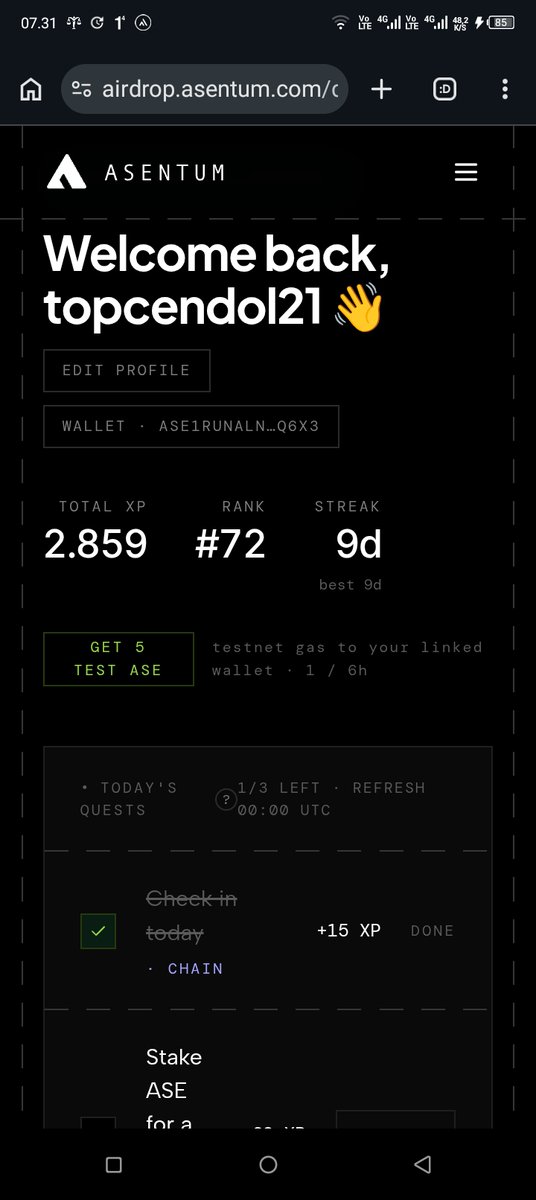 TopCendol's tweet photo. A little @Asentum progress update 👀

2,859 XP, Rank #72, and a 9-day streak 🔥

Just staying consistent and seeing where it takes me. 🚀

#Asentum #ASE #Airdrop

https://t.co/UIUofUdeMR https://t.co/0DvFnYGTeB
