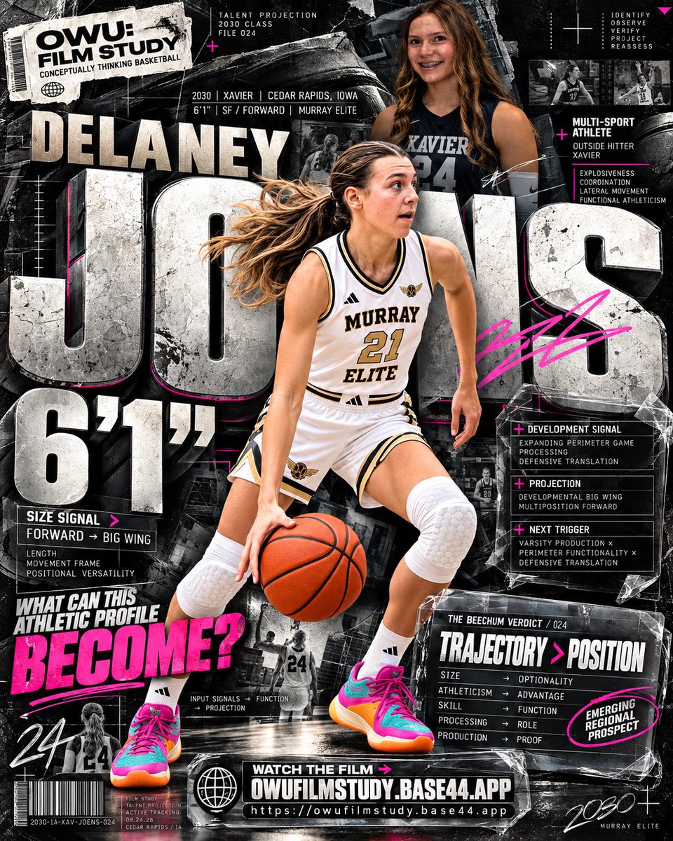 coachbeechum's tweet photo. OWU: TALENT PROJECTION
CONCEPTUALLY THINKING BASKETBALL

DELANEY JOENS
@MurrayElite 

2030 | XAVIER | CEDAR RAPIDS, IOWA
6’1” | SF / FORWARD | MURRAY ELITE

PRIMARY ARCHETYPE
DEVELOPMENTAL BIG WING / MULTIPOSITION FORWARD

FILM STUDY THESIS

The evaluation begins with the intersection of:

SIZE × SPEED × ATHLETICISM × SKILL.

At a listed 6’1”, Joens already possesses dimensions that create multiple developmental pathways.

But the more interesting signal is what exists underneath the size.

Joens is a MULTI-SPORT ATHLETE whose volleyball profile provides another evidence layer for her functional athleticism. As an outside hitter, she has already demonstrated the movement, explosiveness, coordination and competitive functionality to impact at the freshman level.

That matters to the basketball projection.

Joens projects to immediately enter Iowa 4A basketball as one of the more intriguing SIZE + SPEED athletes in her class.

The question is not whether she is currently a wing or forward.

The question is:

WHAT CAN THIS ATHLETIC PROFILE BECOME?

Current basketball signals show interior functionality, rebounding, catch-drive ability, either-hand finishing and an expanding perimeter game.

The developmental hypothesis:

SIZE

SPEED
MULTI-SPORT ATHLETICISM
PERIMETER SKILL
PROCESSING
    = MULTIPOSITION VALUE

Now comes the evidence-building phase.

VARSITY PRODUCTION IS ON THE WAY.

The varsity environment will begin stress-testing whether those physical advantages convert into repeatable possession value against older, stronger competition.

OWU: Film Study

Joens should be evaluated through TRAJECTORY rather than a fixed positional label.

The size creates OPTIONALITY.

The athleticism creates ADVANTAGE POTENTIAL.

The skill package determines FUNCTION.

The processing determines ROLE.

Varsity production begins establishing PROOF.

The upside case is a 6’1” size-speed athlete whose perimeter development allows her to function as a true MULTIPOSITION BIG WING.

#OWUEvalDay #ConceptuallyThinking #BuiltDifferent #PlayerTrustNetwork #ScoutingTruths  
     
[@PGHBrooks ] [@NXTPROG]  [@JrAllStarBB] [] [@IGBRcoverage [@WorldExposureWB] [@_BlakeDerrick] [@WKGameBall] [@EconAdjunct] [@FiveStateHoops] [@OWUTALENT ][@PGHiowa ] [@JrAllStariowa ]     
 @gemsinthegym