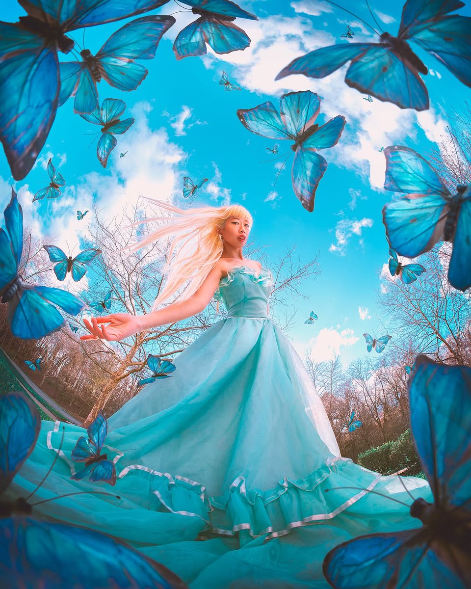 escapingyouxbdv's tweet photo. Butterfly blues 🦋
attached butterflies to my fisheye lens and this was the result! was more difficult than it seemed because the wind kept moving the butterflies &amp; my wig kept flying off… but so happy with how it turned out 💙

camera: Canon R6 III + ... https://t.co/RrWRylOSgY