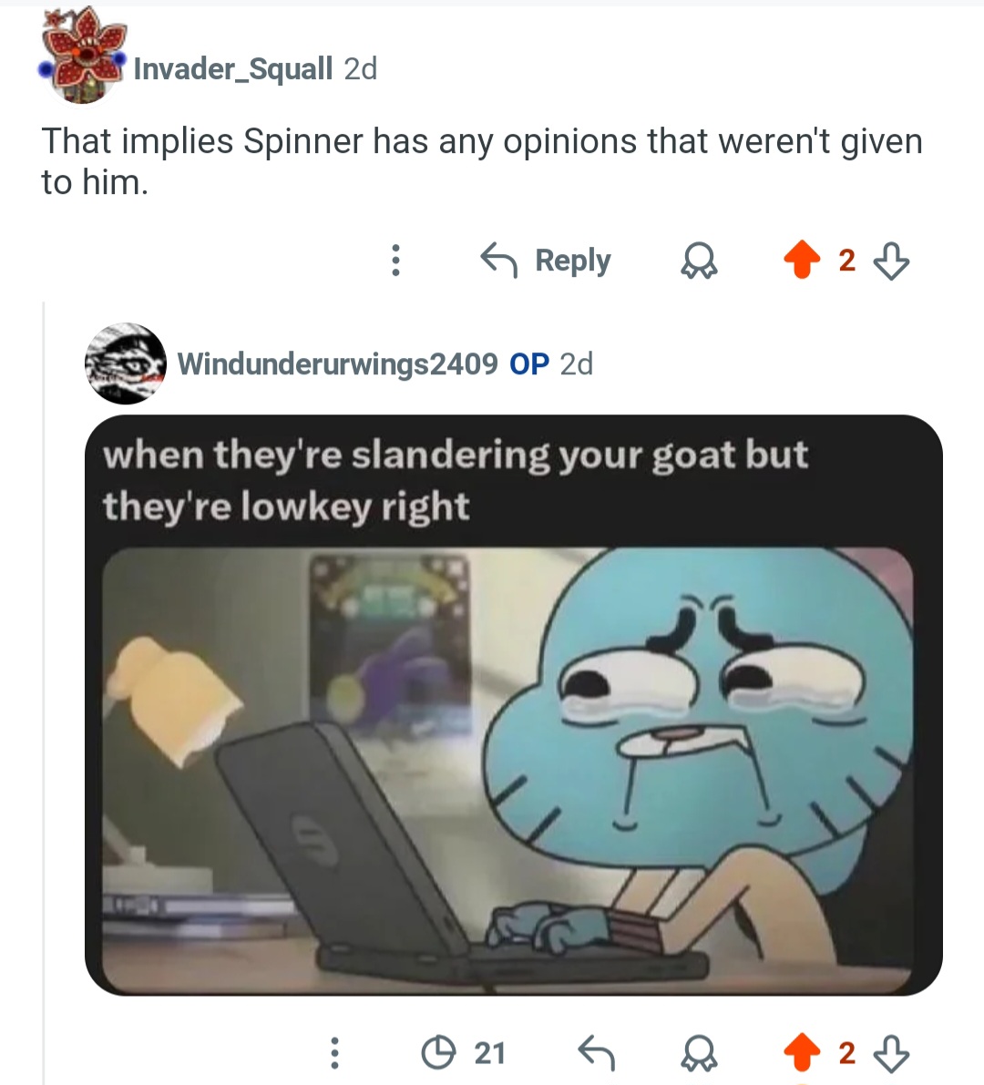 Mcsuck1t's tweet photo. They're making lore accurate slander of Spinner on reddit I cry true tears... https://t.co/bjYgucDwQe