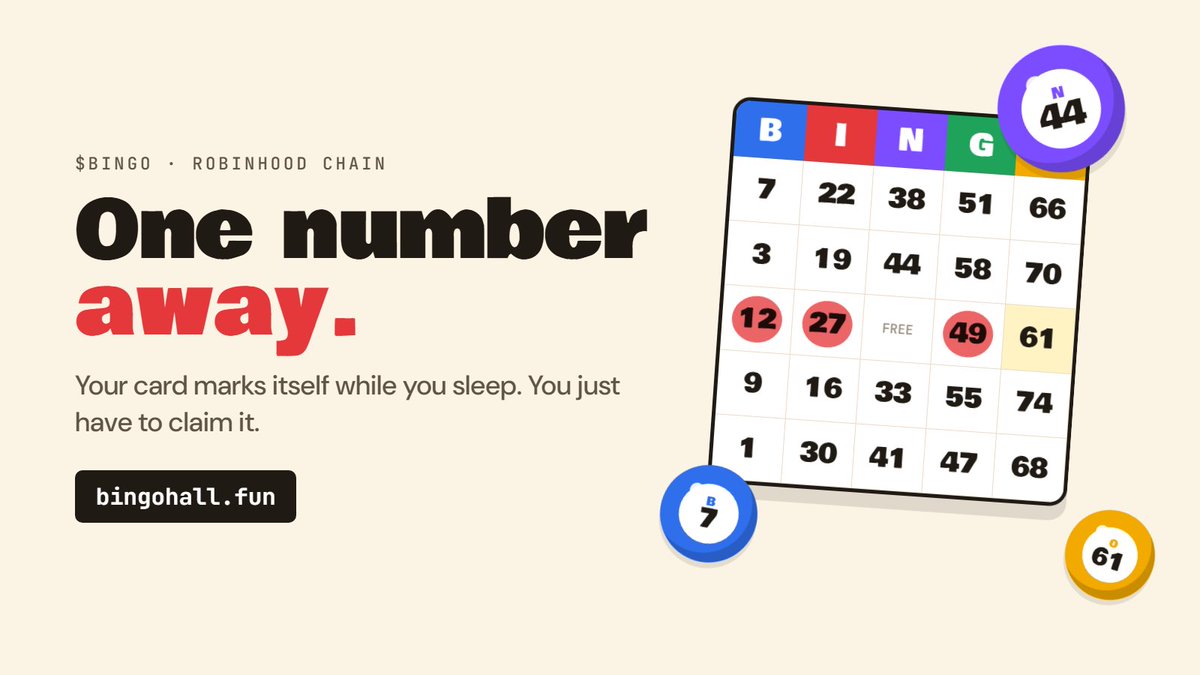 BingoHallPONS's tweet photo. One number away.

Your card marks itself while you sleep. You just have to claim it.

$BINGO · Robinhood Chain · CA soon

https://t.co/qtPdkgxUi5 https://t.co/wMaIdRdkdS
