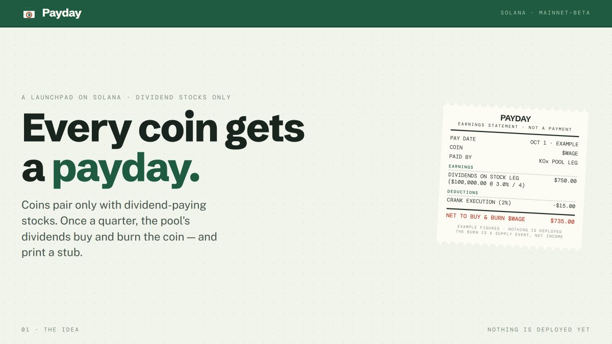 payday_pad's tweet photo. Every coin gets a payday.

Coins pair only with dividend-paying tokenized stocks. Once a quarter, the pool's dividends buy and burn the coin — and print a stub. https://t.co/Z3kxMeldDC