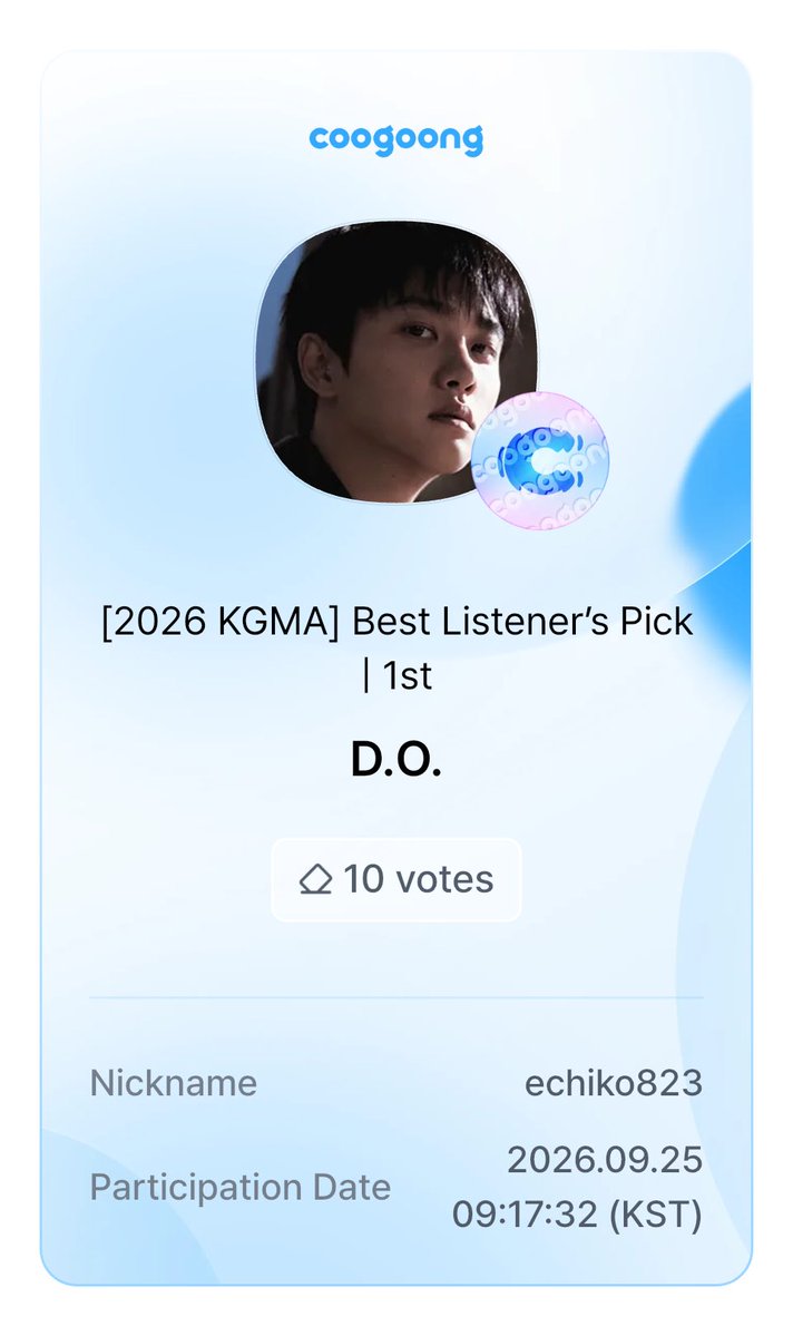 minipinechiko's tweet photo. #coogoong 💫 “[2026 KGMA] Best Listener’s Pick | 1st”
echiko823 is supporting #D.O.🥰 https://t.co/QzZwUNCWFW