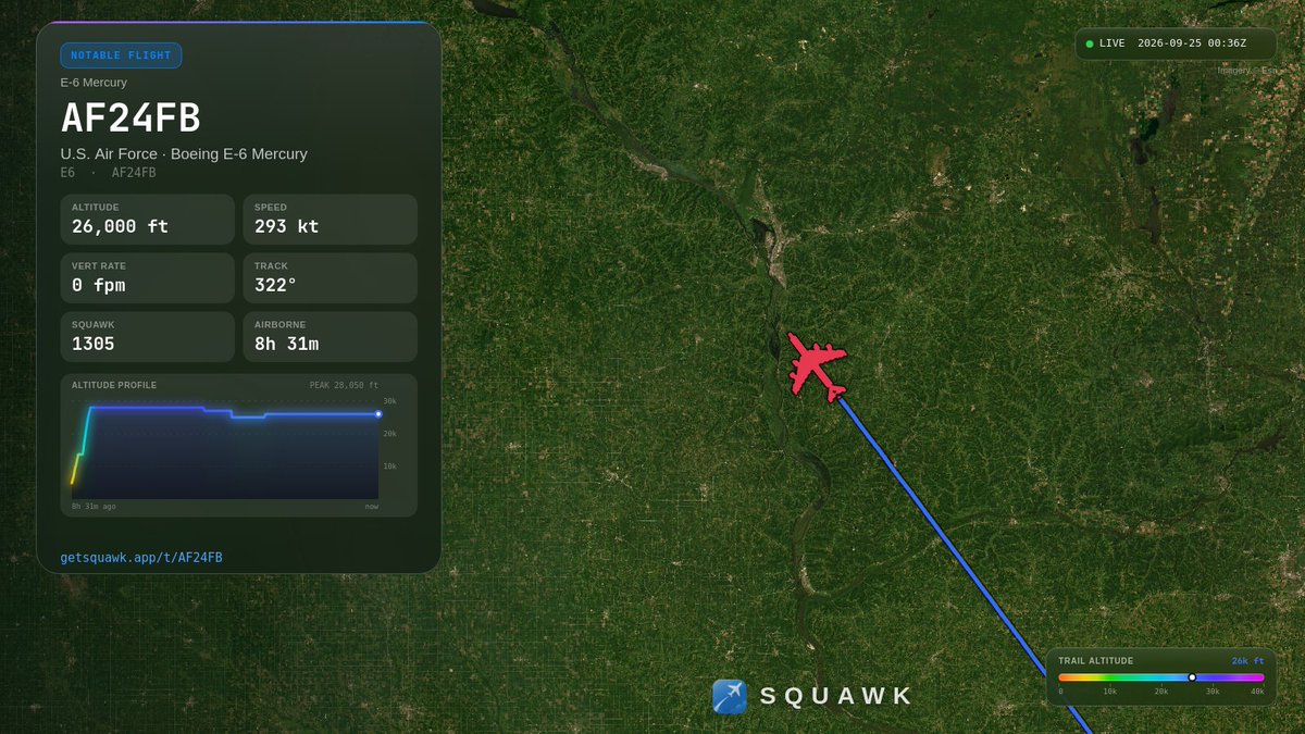 UseSquawk's tweet photo. 👀 AF24FB (E-6 Mercury) — notable military flight at 26,000 ft near Minneapolis, MN. https://t.co/qcj6KnrYvN