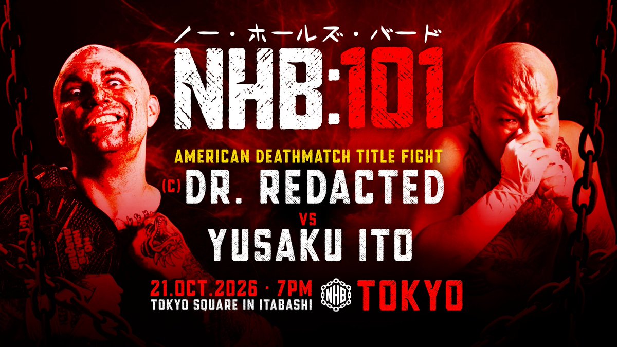 NHBTheChains's tweet photo. 【NHB:101 全カード決定！】
10月21日 #NHB101 インイタ大会の全対戦カ���ドが決定しました！
NDCラストマッチ、NHBアメリカンデスマッチタイトル戦、初の日本人対決などなど全6試合！
チケットの残席は
(9月21日AM11:00現在)
【SRS】
南・東側=完売 西・北=残5枚
【P-STANDING】
東上段=残り6枚（下段完売）
西上段=残り3枚（上段完売）
【STANDING A】
残り20枚以下
【STANDING B】完売
となっております。
まもなく完売、当日券も出ない可能性がございますので観戦を迷われてる方はお早めにご購入ください！

NHB101 ニール・ダイヤモンドカッター引退特別興行
“SAYONARA HONEY BADGER”
Tokyo Square in ITABASHI 大会
SRS席:11,000円
P-Standing:8,800円
Standing-A（南側）:6,600円
Standing-B（北側）:完売
※当日入場時に別途ドリンク代600円が必要

QRチケット（座席指定可能）
https://t.co/5bGyWEVA1a
紙チケット（方角指定可能）
https://t.co/MHCFF2eXf4
※発送通知が届きますが、紙チケットは当日引き換えとなりますので発送は行いません。