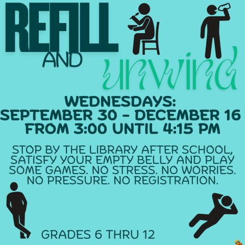shalerlibrary's tweet photo. π Refill and Unwind every Wednesday starting September 30 from 3:00β4:15 PM, for those in grades 6-12! Stop by #ShalerLibrary after school, satisfy your empty belly, and play some games. No stress. No worries. No pressure. No registration. #snhl #RefillAndUnwind #SATeens https://t.co/QirjoykGh7