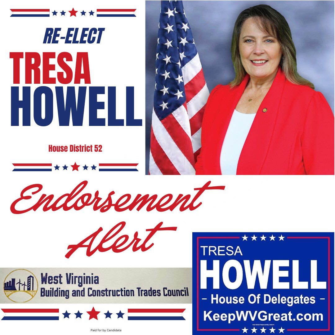 TresaHowell4WV's tweet photo. Honored to receive the endorsement of WV Building & Construction Trades. Their members build & maintain the infrastructure our communities depend on while creating pathways into skilled trades.
#TresaHowell
#WVHD52
#UKV
#WVFamilies
#WVPolitics
#WVHouseOfDelegates https://t.co/MwBtcUrTUn