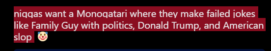 LuluCremosa_'s tweet photo. @Takoti222222222 Pretty real, the niggas want a Monogatari where they just talk without anything else, without Japanese culture, without references to their own culture and mythologies, without their own problematic and revealing essence, where they don't make unique references like in LN https://t.co/T4ESEeXqOT