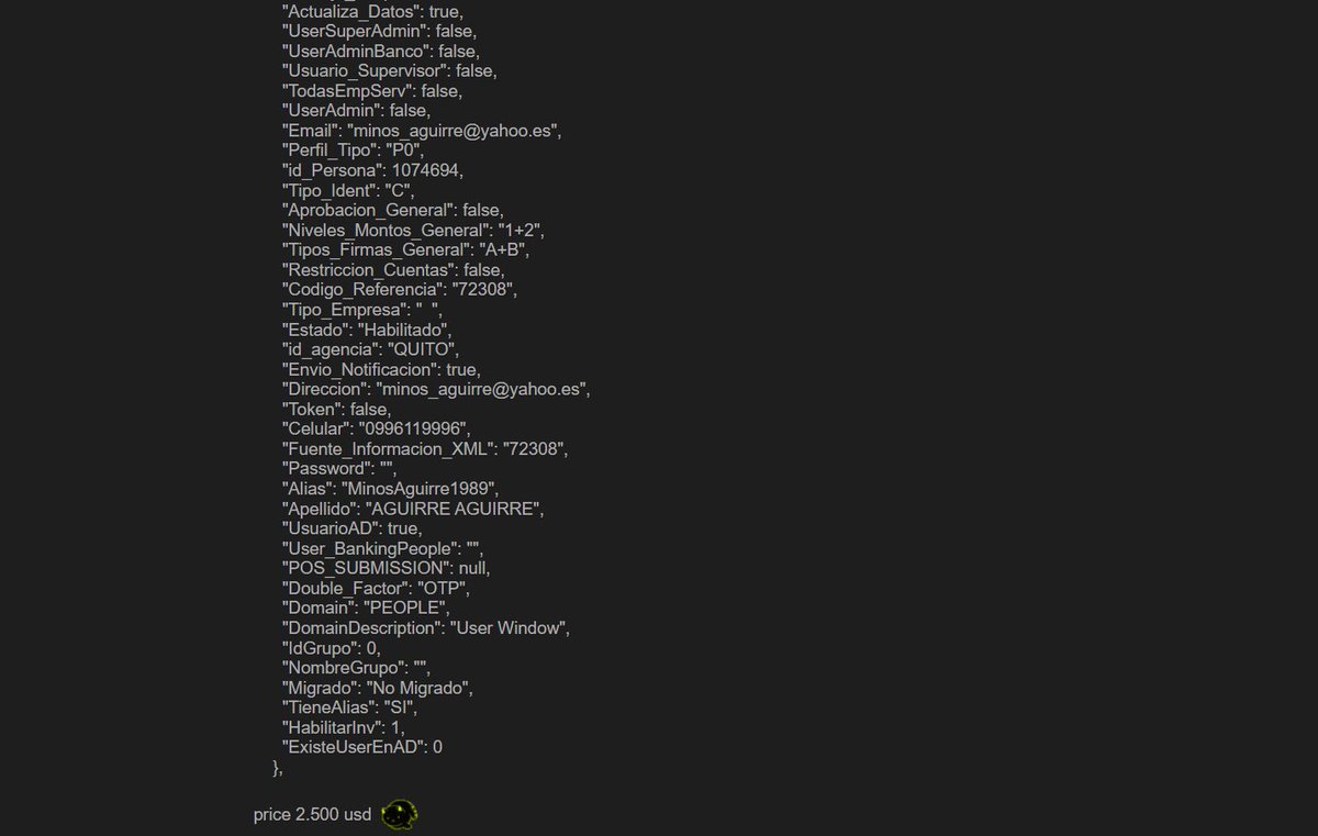 CyberPulse56's tweet photo. ‼️DATABASE LEAK CLAIM – ECUADOR 🇪🇨

A forum user AlexG4Cvv2 is advertising an alleged database associated with Banco Pichincha / https://t.co/DI0L47O1Da, claiming approximately 9.7 million lines in a single CSV file.

🔴 Claimed Volume: ~9.7 Million lines
🔴 Format: CSV
🔴 Reported Data: Usernames, names, national ID numbers, bank-office information, branch details, user groups and account/profile metadata
🔴 Country: Ecuador 🇪🇨
🔴 Claim: Seller describes the dataset as “fresh”

⚠️ Status: The authenticity, provenance, freshness and scope of the alleged database have not been independently verified.

🛡️ User Safety: Customers should be alert for targeted banking scams and phishing attempts. Never disclose passwords, PINs, OTPs or banking authentication codes.

#CyberSecurity #DataLeak #DataBreach #Ecuador #Banking #BancoPichincha #FinancialData #ThreatIntelligence #InfoSec