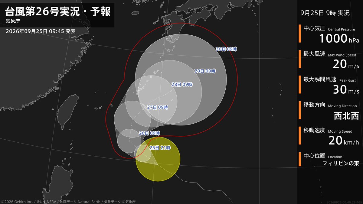 UN_NERV's tweet photo. 【台風第26号実況・予報 2026年09月25日 09:40】
台風第26号（スリゲ）は、フィリピンの東を1時間に20キロの速さで西北西に進んでいます。 https://t.co/JPsNW4Z6Lm